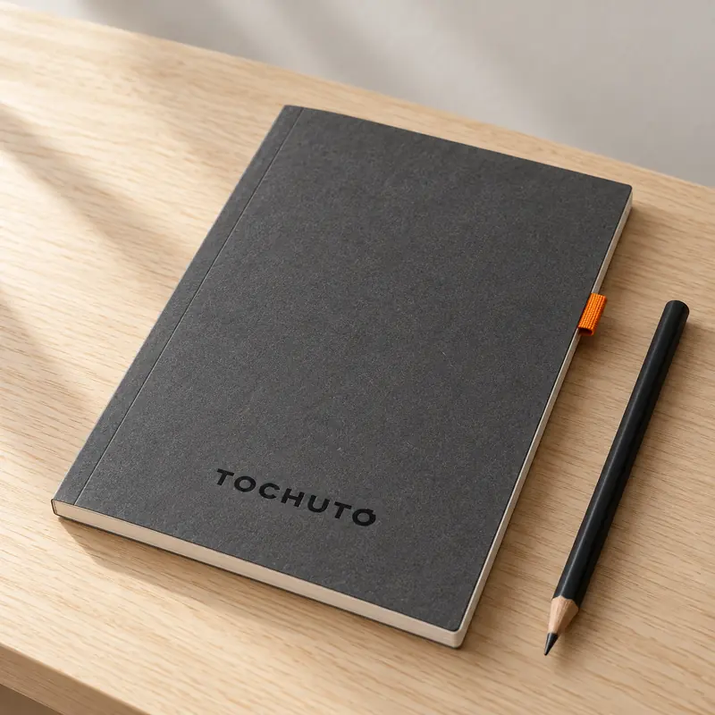 グレーの薄いノート。表紙に TOCHUTO。オレンジのしおりと鉛筆。