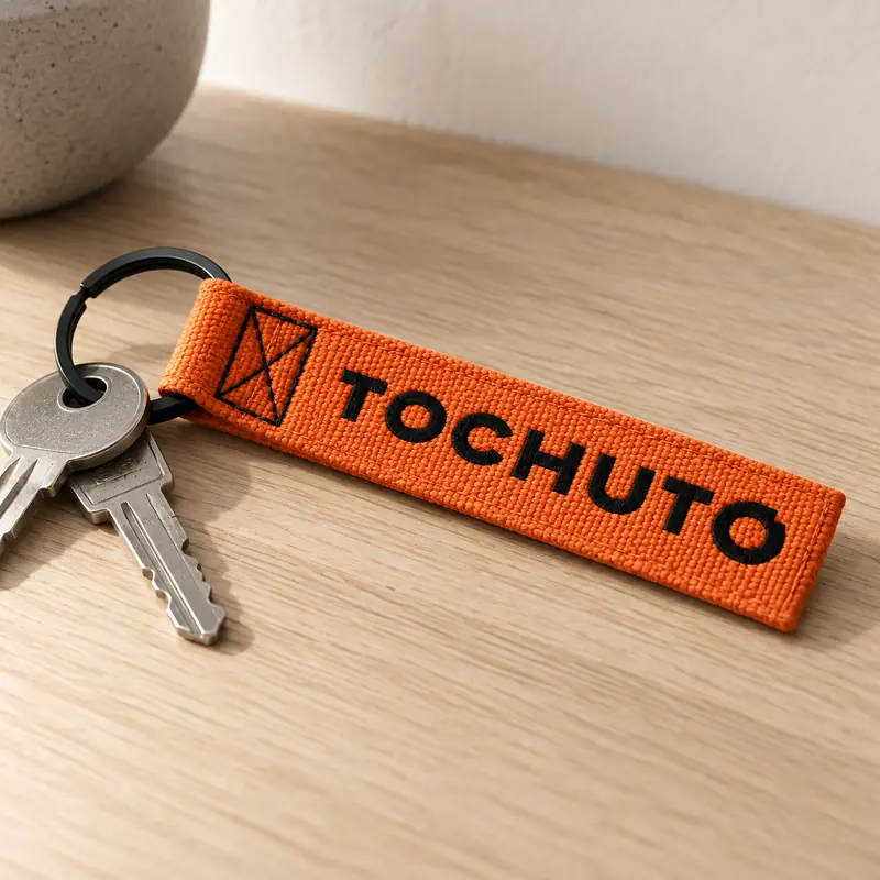 オレンジの布製キータグ。TOCHUTO の文字と鍵。