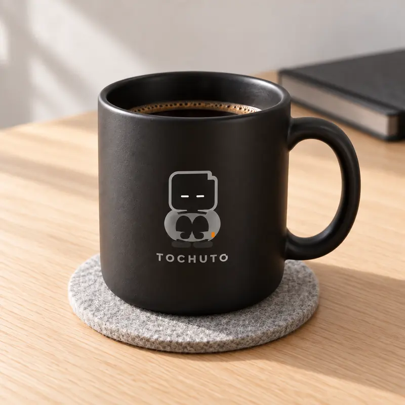 黒いマグカップ。白いキャラクターと TOCHUTO の文字。